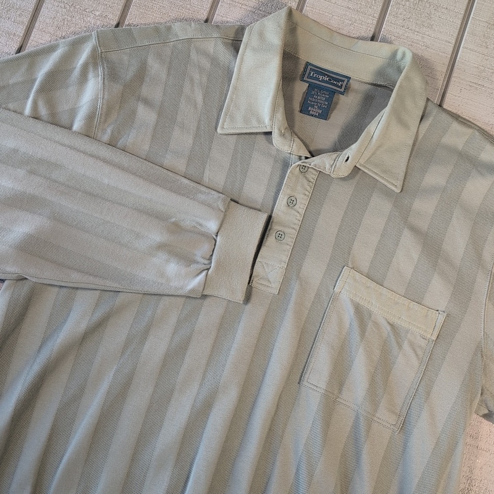 TropiCool Shirt Men's Size XL Olive Green Striped Long Sleeve Cotton Pocket